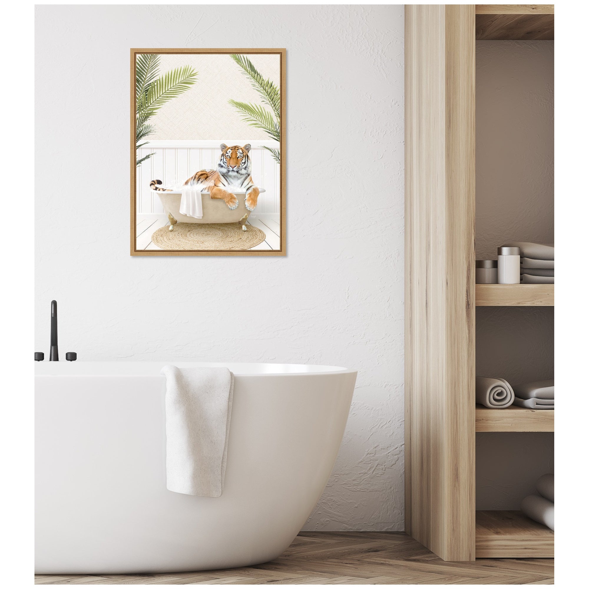 Sylvie Tiger in Palm Bath Framed Canvas by Amy Peterson