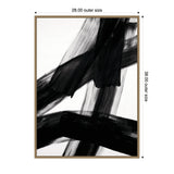 Abstract framed canvas print featuring overlapping broad black brushstrokes on a white background, sized 28 by 38 inches as shown by dimension lines.