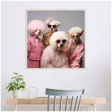 Framed canvas showing four dogs styled as elegant ladies with white and pink fluffy fur, wearing sunglasses and pastel-colored vintage outfits.