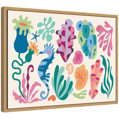 Framed canvas art depicting a colorful coral reef scene with various marine life and underwater plants.