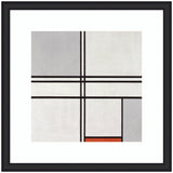 Piet Mondrian's Composition No 1 Gray Red 1935 with intersecting black lines dividing off pale gray, white, and a small red rectangle near bottom center, framed in black.
