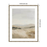 Muted landscape painting with rolling beige and gray hills under a soft, overcast sky in a textured light wood frame with white matting.