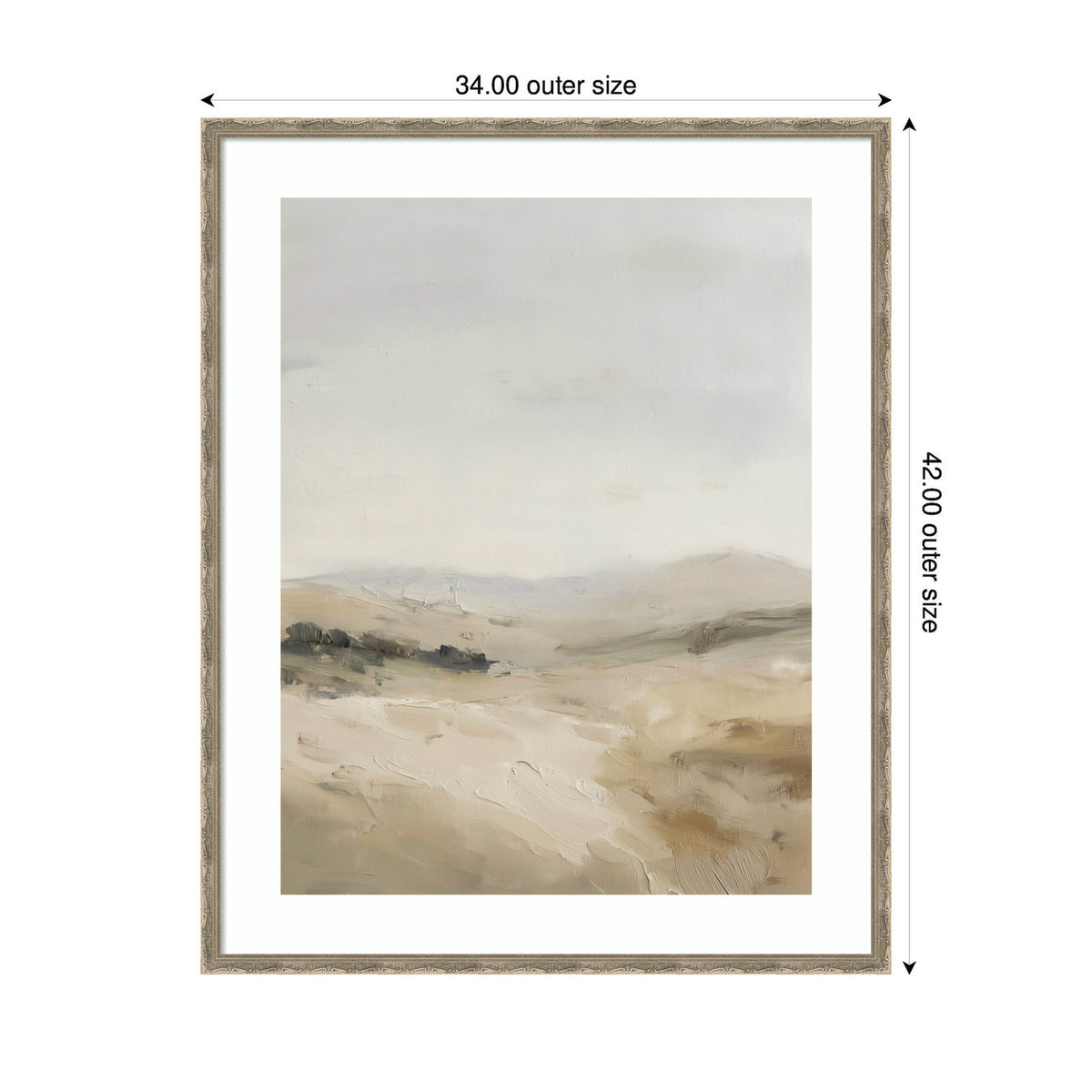 Muted landscape painting with rolling beige and gray hills under a soft, overcast sky in a textured light wood frame with white matting.