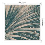 Close-up of teal-toned palm leaves with linear patterns in a square frame measuring 22 by 22 inches, showcasing overlapping leaf blades in a retro style.