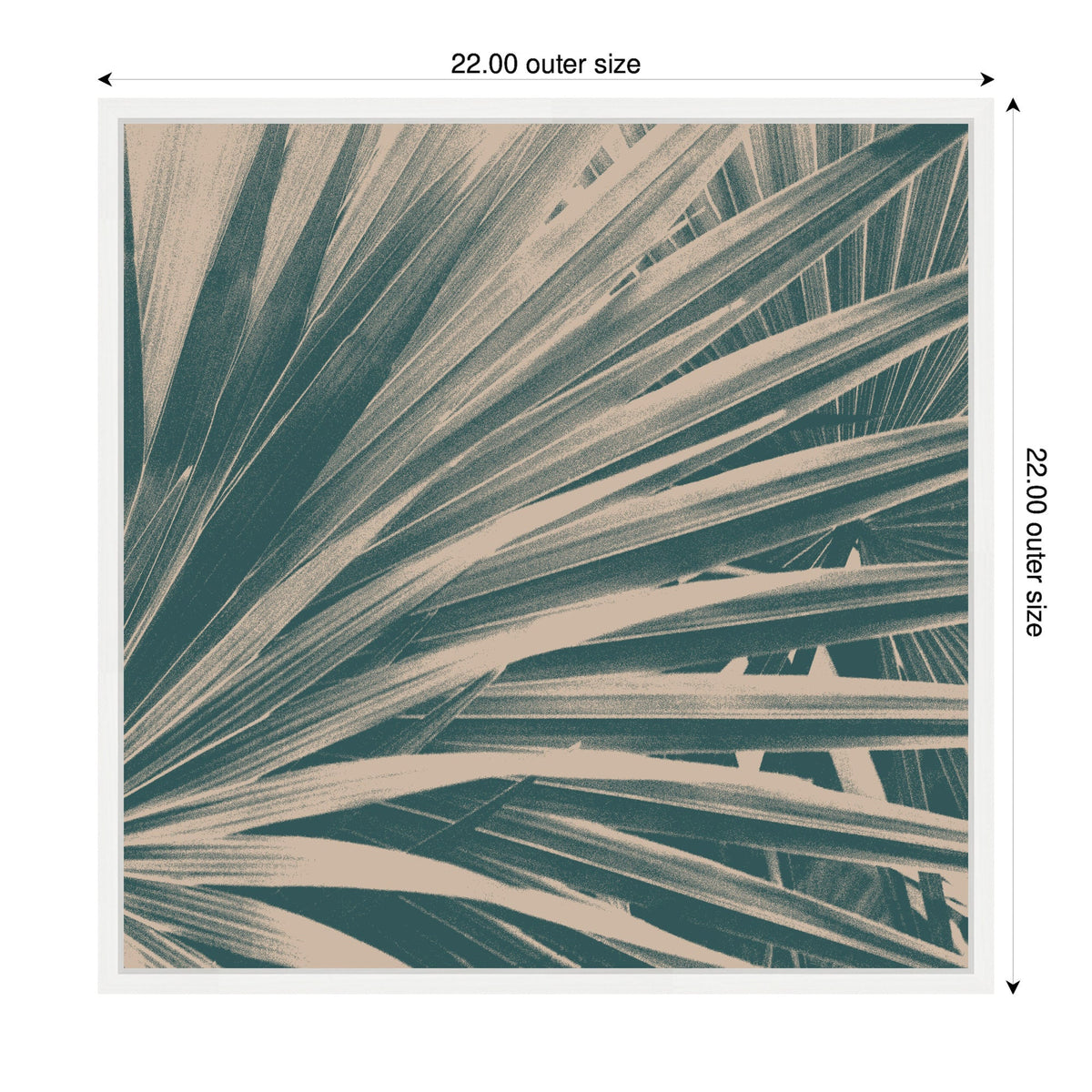 Close-up of teal-toned palm leaves with linear patterns in a square frame measuring 22 by 22 inches, showcasing overlapping leaf blades in a retro style.