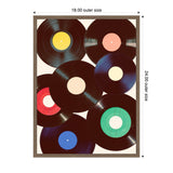 Framed canvas artwork featuring seven overlapping vinyl records with colored center labels in yellow, pink, red, blue, green, and beige inside a light brown wooden frame