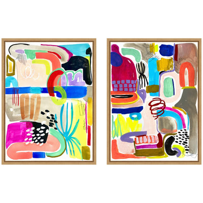 Sylvie Colorful Abstract 10 and 12 framed canvas art set displaying vibrant abstract forms with a polystyrene floating frame