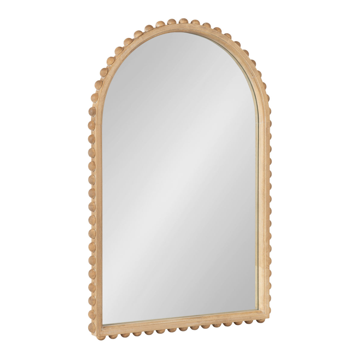 Beadbrook Arched Wall Mirror with a beaded, solid wood frame in Rustic Brown hung on a white wall