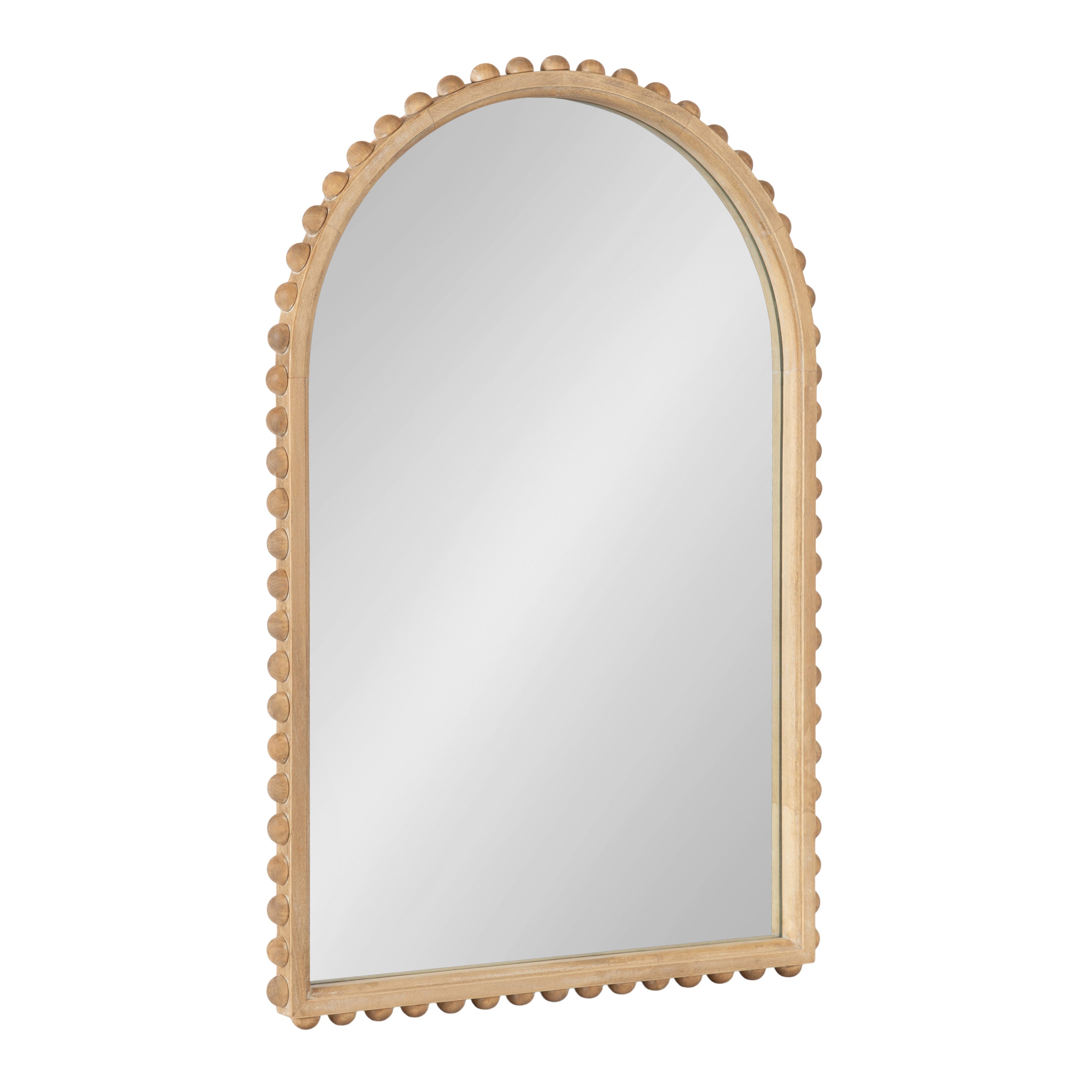 Beadbrook Arched Wall Mirror with a beaded, solid wood frame in Rustic Brown hung on a white wall