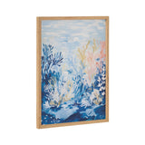 Vertical framed artwork depicting an underwater scene with blue, pink, and beige coral-like plants against a light blue water background.