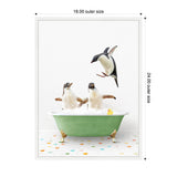 Three penguins in and above a small green clawfoot bathtub on a white floor with colorful square tiles, with one penguin mid-air jumping into the tub, and a small yellow rubber duck on the tub edge.