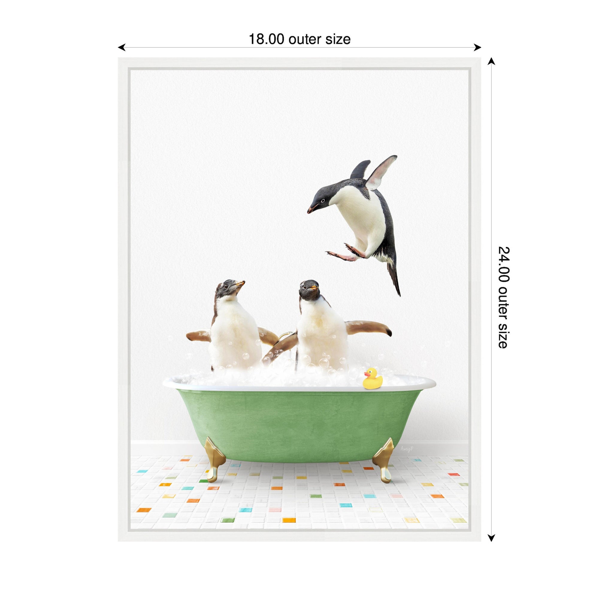 Sylvie Penguins in Green Bathtub on Colored Tile Framed Canvas by Amy Peterson