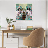 Painting of two black and white dogs in floral robes seated on turquoise floral armchairs sharing coffee at a small round wooden table against a striped green wall.
