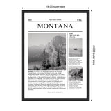 Framed wall art titled Montana with black and white mountain landscape photo and text describing Montana as The Treasure State, measuring 18 by 24 inches.