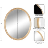 Round wall mirror with a 30-inch diameter and a 1.5-inch deep scalloped natural wood frame, featuring D-ring hangers for mounting.