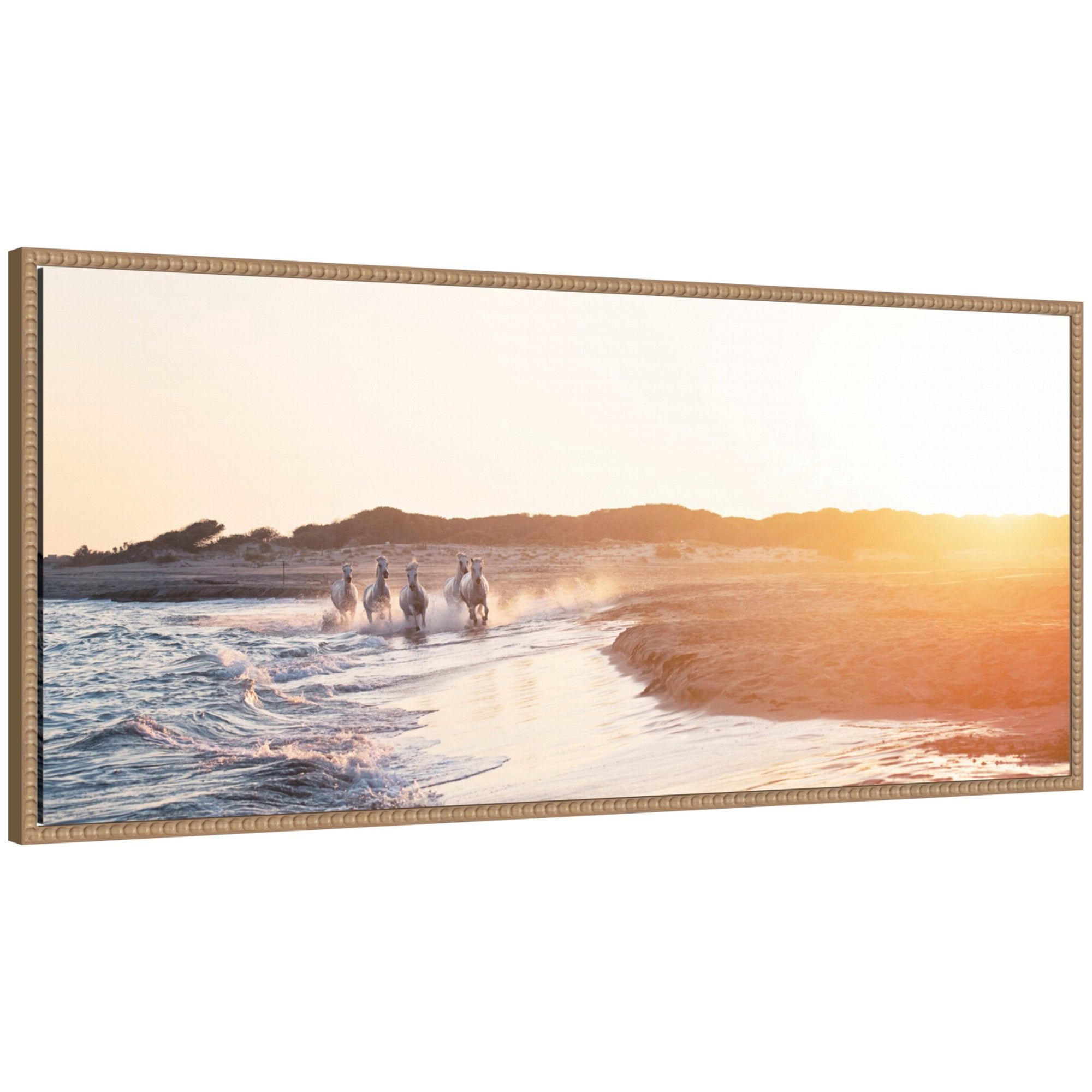 Framed canvas wall art print titled Camargue Horses XXIX by Laura Evans with horses on a coastal landscape