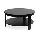Round black wood coffee table with a lower circular shelf and three straight legs, shown on a white background.