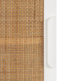 Close-up of a woven rattan panel framed by a smooth white vertical strip with an integrated minimalist white handle, showcasing natural texture and simple design.