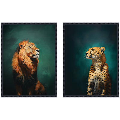 Twlight Lion and Cheetah 2 Piece Framed Canvas Wall Art Set displayed with Sylvie Beaded frames