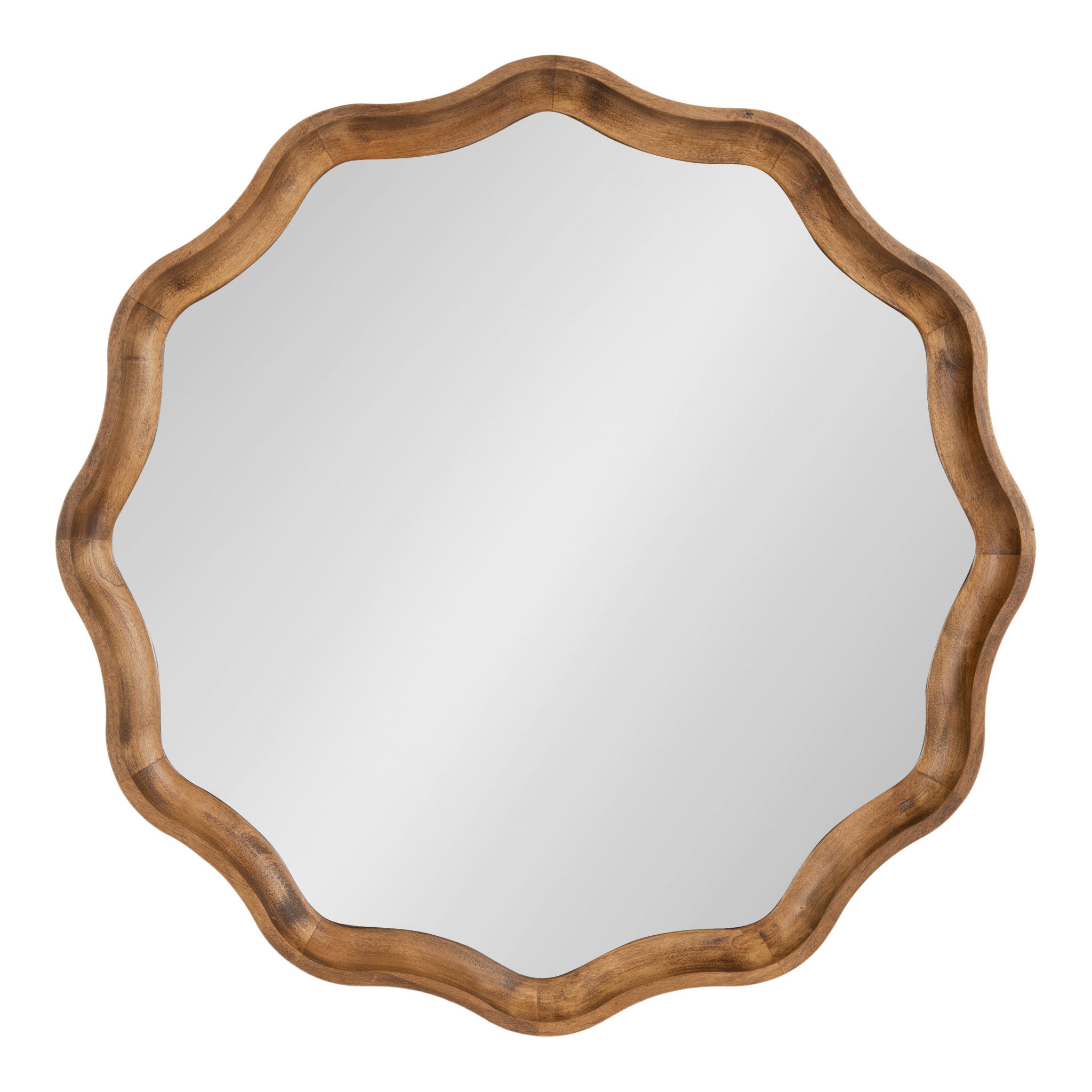 Hatherleigh Round Scallop Mirror with scalloped edges and a thick wooden frame in Rustic Brown, hanging on a wall