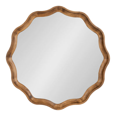 Hatherleigh Round Scallop Mirror with scalloped edges and a thick wooden frame in Rustic Brown, hanging on a wall