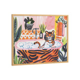 Illustration of a tiger relaxing in a striped bathtub filled with bubbles, surrounded by potted plants and an orange towel hanging nearby on a yellow wall