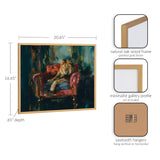 Framed portrait of a lion resting on a deep red upholstered armchair, surrounded by dark, moody green-blue brushstrokes, in a natural oak frame with gold finish.