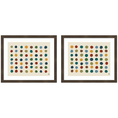 Meditation No.
3 2 Piece Framed Wall Art Set by Kelly Knaga, framed in woodgrain stripe chocolate molding hung side-by-side on a light wall