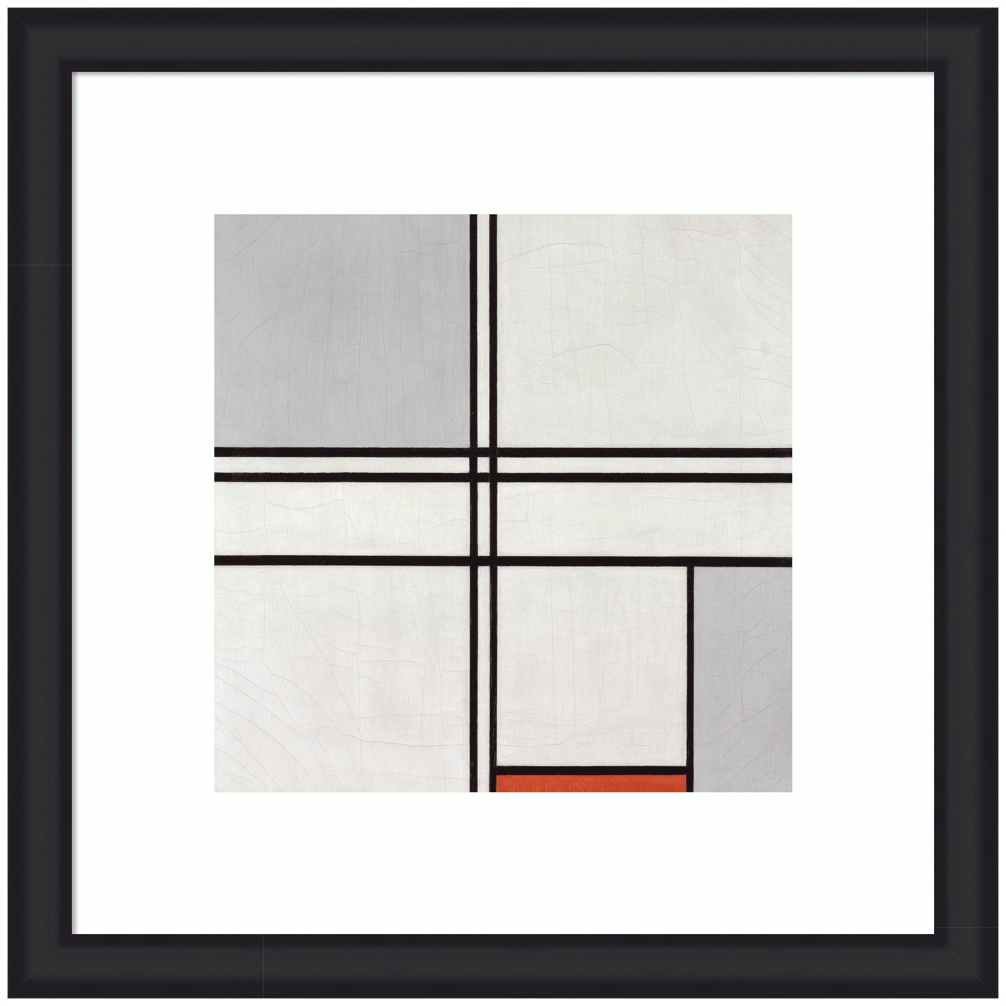 Framed print of Piet Mondrian's Composition No 1 Gray Red 1935 showing black intersecting lines and a small red rectangle, set in a modern frame.