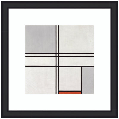 Framed print of Piet Mondrian's Composition No 1 Gray Red 1935 showing black intersecting lines and a small red rectangle, set in a modern frame.