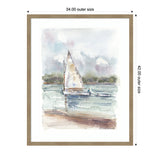 Watercolor painting of a sailboat on calm water with a cloudy sky and distant shore, framed in simple light wood, titled 'Chatham Fog Sailboat.'