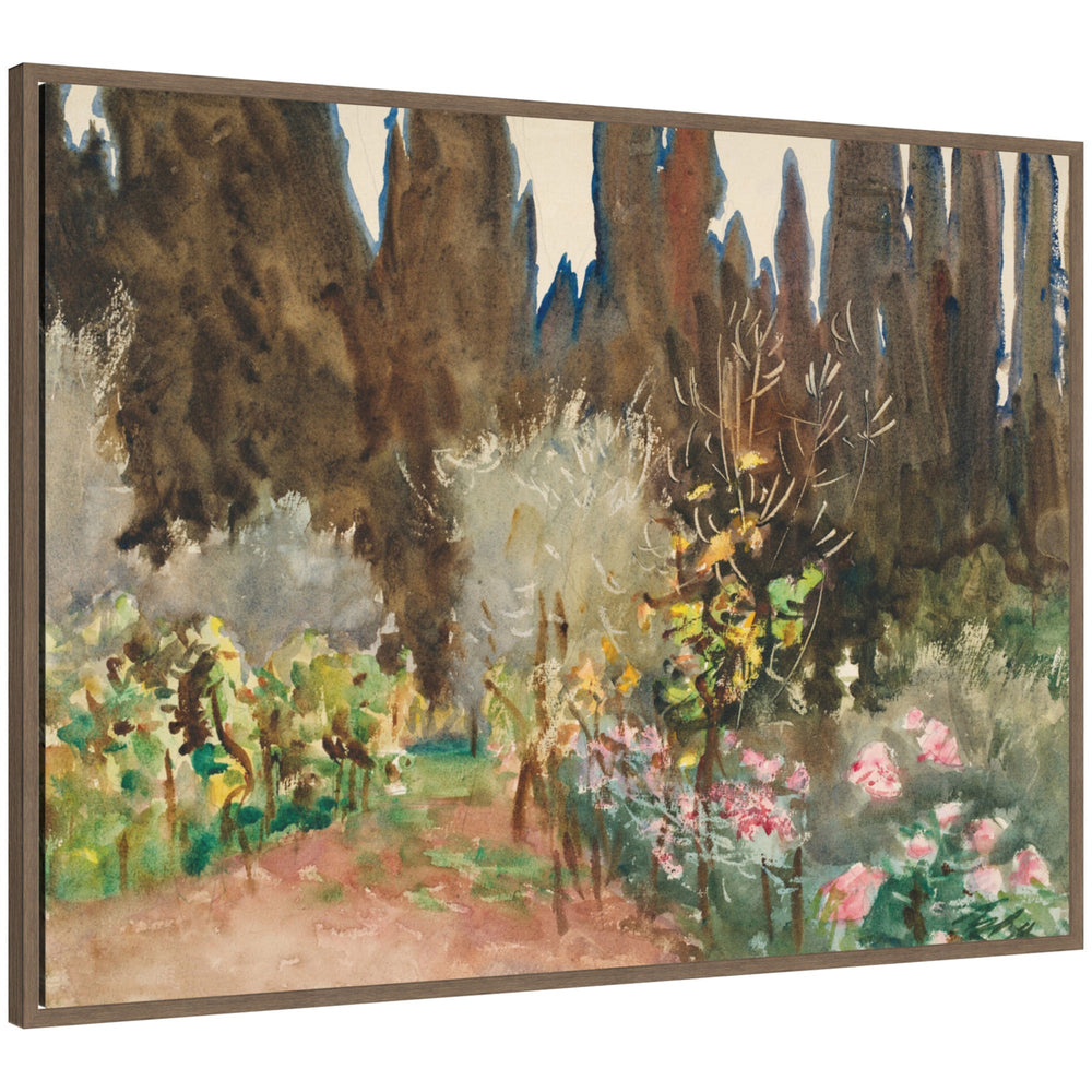 Framed canvas wall art print of Gardens at Florence circa 1910 by John Singer Sargent, featuring subtle floral garden scene in muted traditional colors within a Sylvie frame.