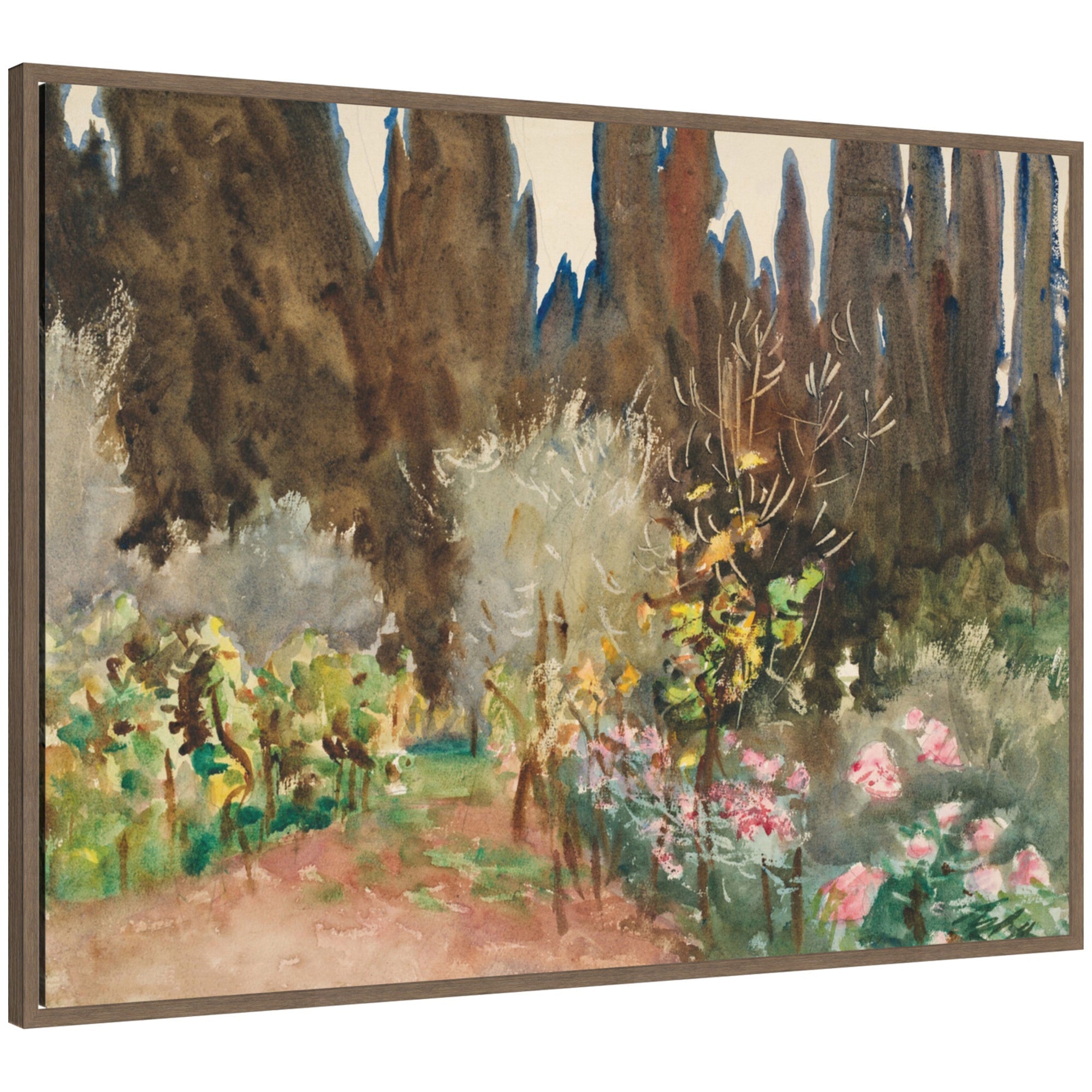 Framed canvas wall art print of Gardens at Florence circa 1910 by John Singer Sargent, featuring subtle floral garden scene in muted traditional colors within a Sylvie frame.