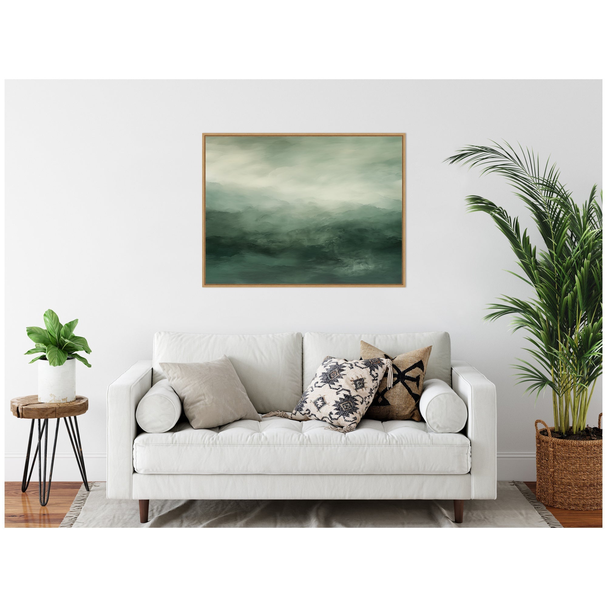 Tonal Abstract Comforting Sage Emerald Forest Green Landscape Horizontal Framed Canvas