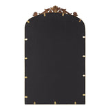Rectangular mirror with rounded top, framed by a dark border and topped with an ornate accented wooden crest in warm brown tones.