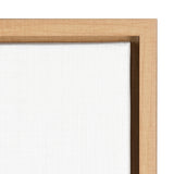 Close-up of a wooden frame corner with a beveled inner edge surrounding a textured white canvas, showing natural light wood grain.