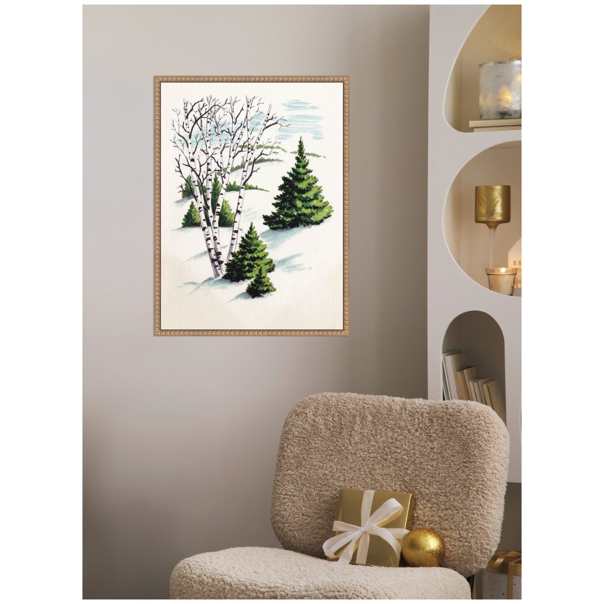Sylvie Beaded Christmas Snowy Winter Fir Trees and Birch Trees Framed Canvas by Corinna Buchholz of Piddix