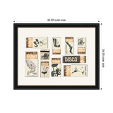 Framed arrangement of ten vintage matchboxes with black and beige designs featuring retro illustrations and typography, set on a beige background with black frame.