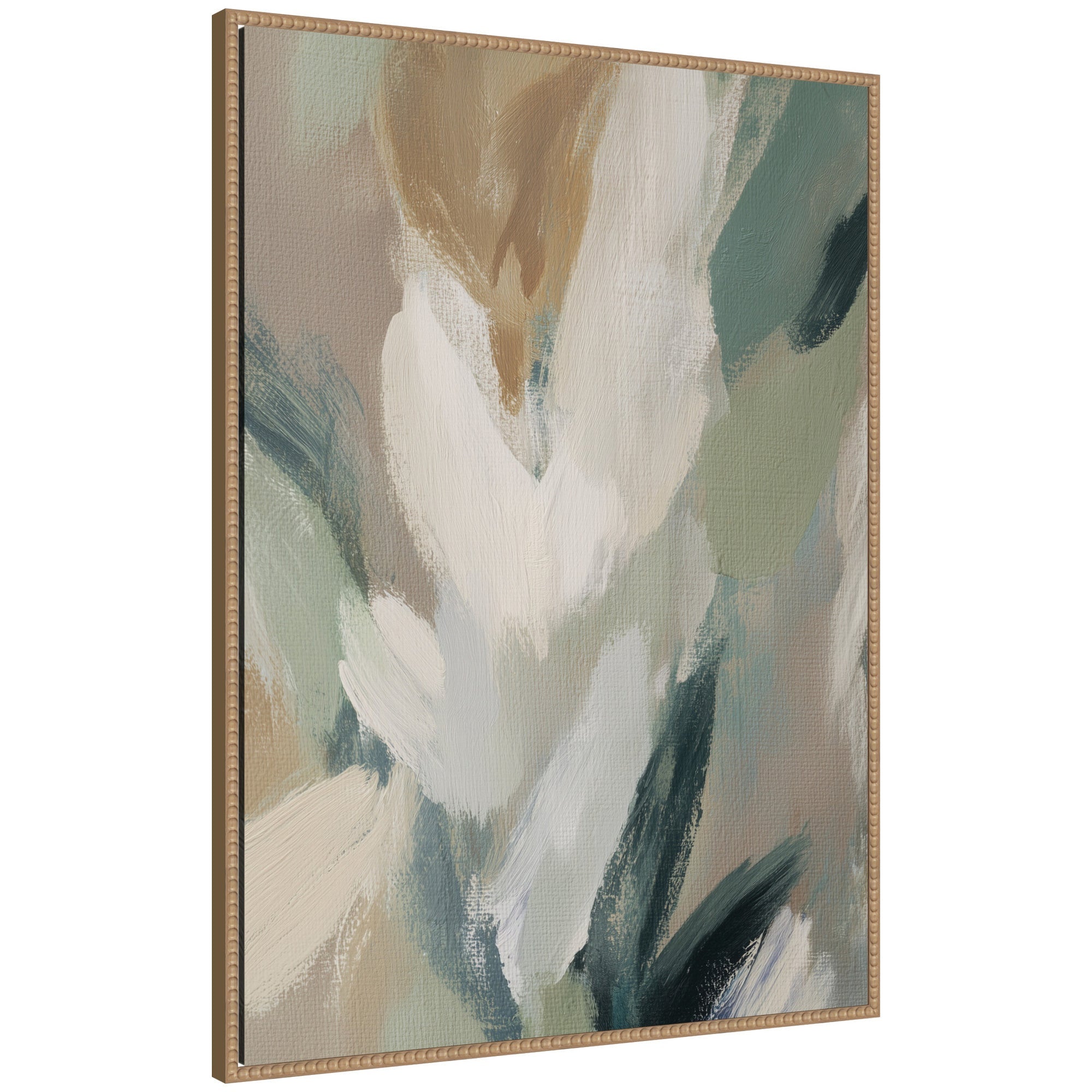 Plant Form No.
1 framed canvas wall art print by Amy Lighthall showing botanical form in soft green and beige on a white background, set in a Sylvie beaded frame.