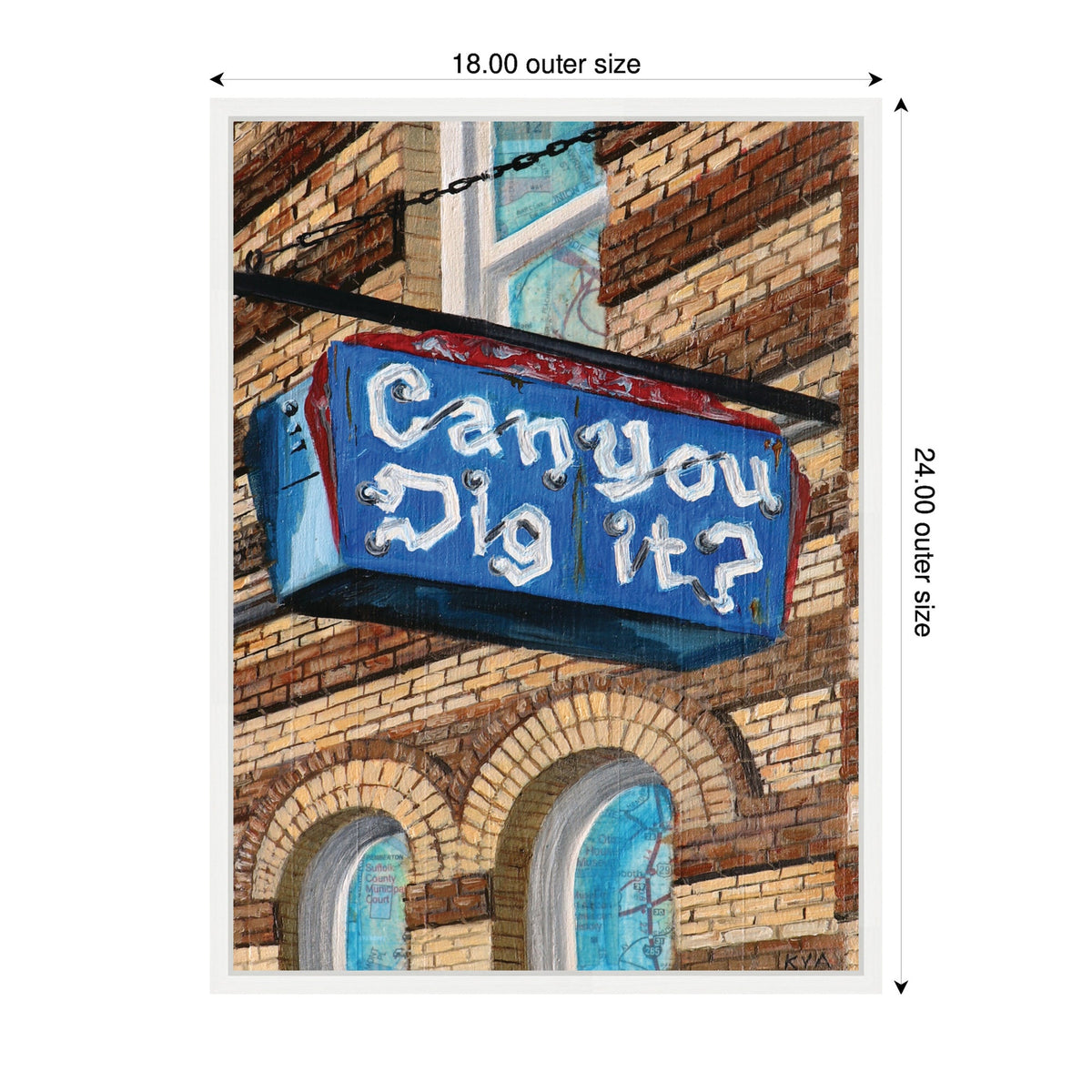 Blue rectangular sign with white lettering reading 'Can you Dig it?' hanging from a black metal bracket on a brick building with arched windows and blue curtains.