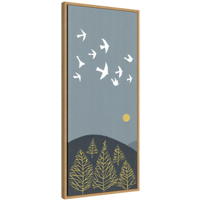 Sylvie Hilltop Flight Linocut Bird framed canvas art by Giuliana Lazzerini showing a stylized bird in flight against a natural landscape background, displayed on a wall.