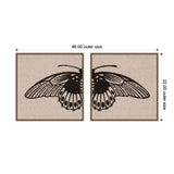 Two-piece framed canvas wall art set with each frame showing half of a black butterfly wing on a beige textured background, measuring 46 by 22 inches combined.
