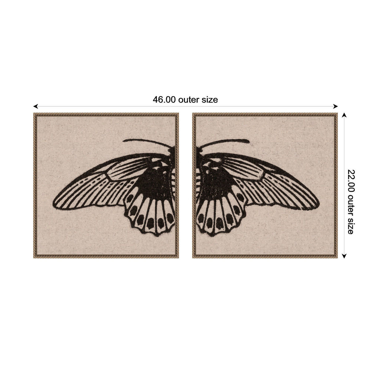 Two-piece framed canvas wall art set with each frame showing half of a black butterfly wing on a beige textured background, measuring 46 by 22 inches combined.