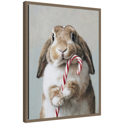 Framed canvas of an adorable bunny holding a candy cane