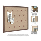 Rectangular pinboard with a wooden frame and beige canvas featuring a repeating red botanical print, displaying two black and white photos pinned to it.