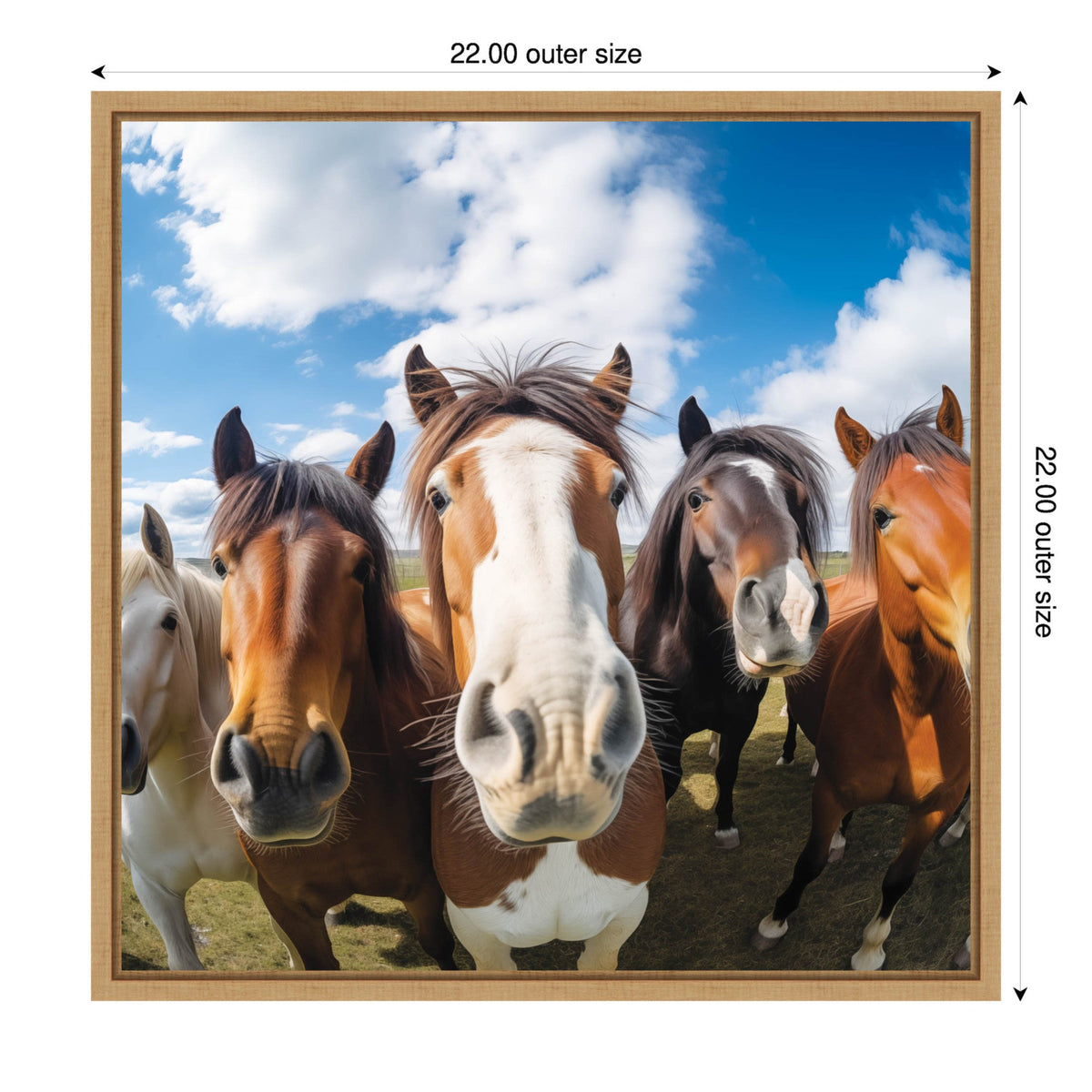 Five curious horses with varied brown, black, and white coats seen up close against a partly cloudy blue sky in a square framed photo.