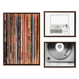 Three framed canvases featuring a vertical stack of vintage vinyl record spines in warm tones, a minimalist sketch of a record player, and a close-up black and white photo of a spinning vinyl record.