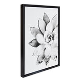 Black and white close-up of a succulent plant print on canvas, shown in a slim black frame with a side angle emphasizing texture and petal details.