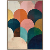 Abstract geometric painting with overlapping arch shapes in jewel tones including deep blue, teal, pink, orange, cream, and mustard, framed in natural wood.