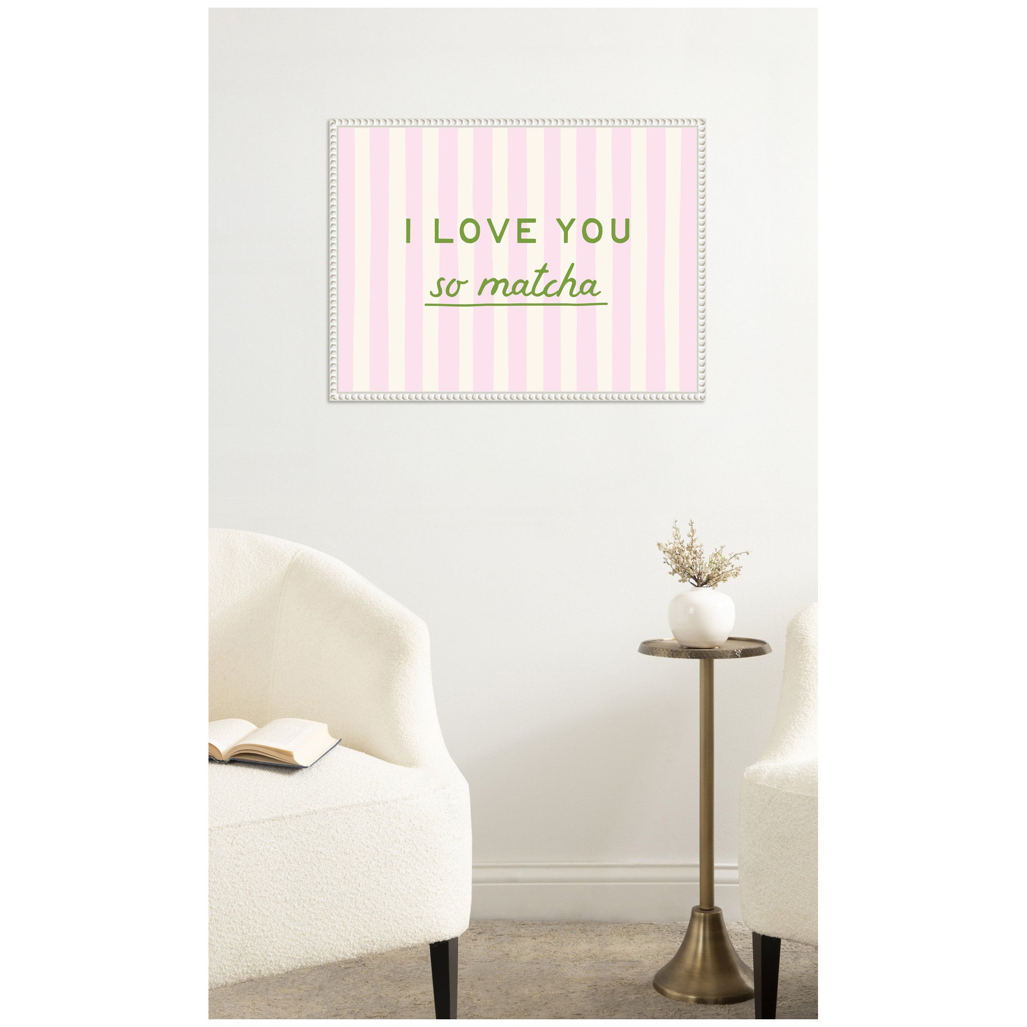 I Love You So Matcha Pink and Green Striped Kitchen Art Dopamine Decor by Lucky Guava